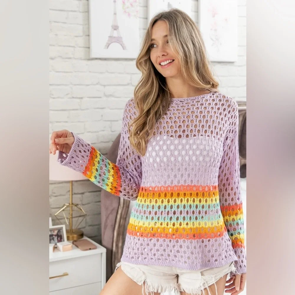 Bibi Rainbow Stripe Purple Hollow Out Long Sleeve Crochet Swim Cover Up